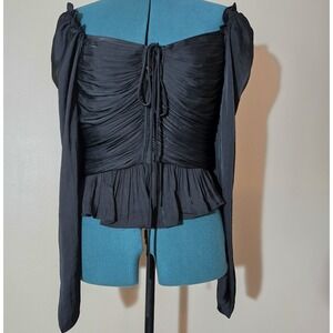 House of Harlow 1960 Dark Romance Top Black Satin Pleated Peplum Blouse Size L